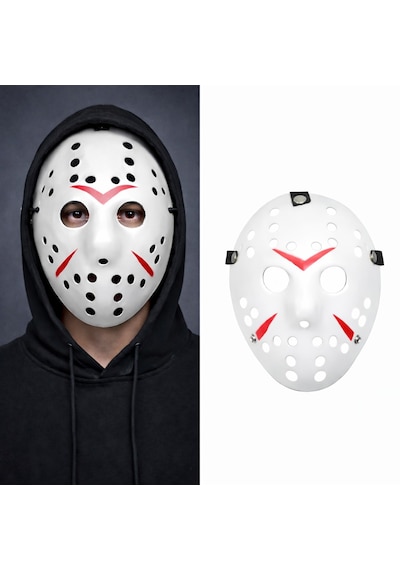 Beyaz Renk Kırmızı Çizgili Tam Yüz Hokey Jason Maskesi Hannibal Maskesi Çocuk