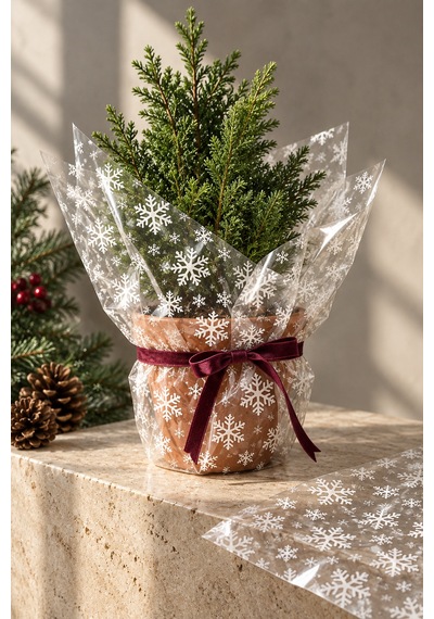 Yılbaşı Kar Tanesi Baskılı Şeffaf Jelatin, 2li Paket, 100x130 Cm, Yeniyıl Hediye Paketleme Jelatini