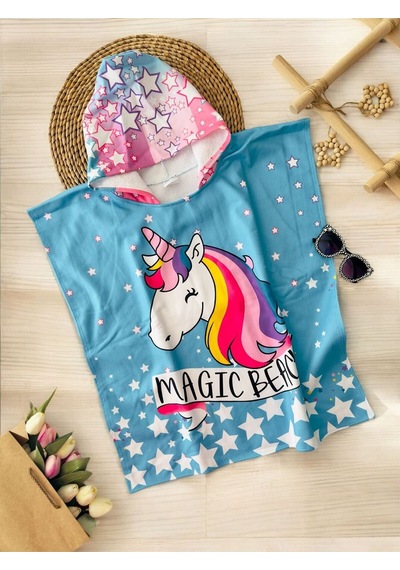 Miniğimin Cicileri Magic Beac Uncrn Desenli Kız Çocuk Panço Havlu - Açık Mavi Açık Mavi-32263