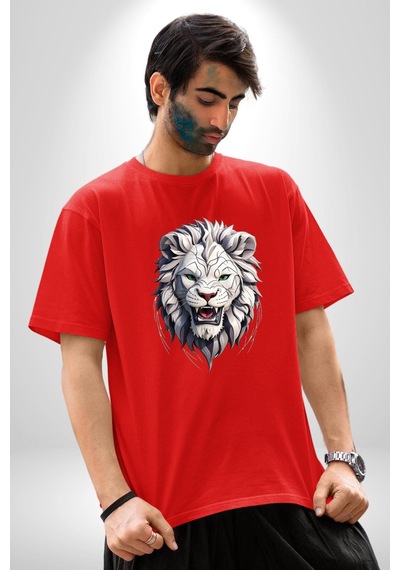 Beyaz Kaplan Kükreme Pamuklu Bisiklet Yaka Unisex Oversize Boyfriend Dijital Baskılı Kırmızı T-shirt Kırmızı