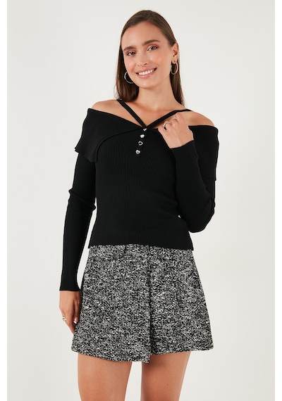 Lela Premium Fitted Fit Carmen Yaka Ip Askı Detaylı Triko Bayan Kazak 680Kz00076 Siyah