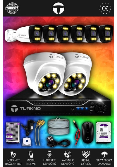 Turkno 8 Kameralı Ultia 2 İç Kamera Set 100 GB 5 MP 2K Net Renkli Gece Görüşlü Güvenlik Kamerası Sistemi