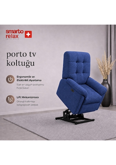 Smarto Relax Porto Liftli Çift Motorlu Elektrikli Ayağa Kalkma Destekli Polyester Hasta Ve Baba Tv Koltuğu Mavi