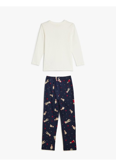 Koton Uzun Kollu Yılbaşı Baskılı Pamuklu Pijama Takımı Mavi Desenli 5wlk40298mk Mavi Desenli Mavi
