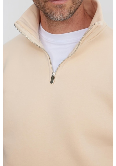 Tudors Unisex Relax Fit Rahat Kesim Pamuklu İçi Polarlı Yarım Fermuarlı Ekru Dik Yaka Sweatshirt-29414