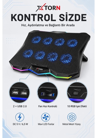 Torn Rgb Laptop Soğutucu 8 Fanlı Ayarlanabilir Standlı Notebook Soğutucu
