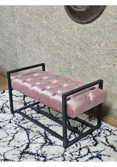 Zafir Siyah Boyalı Metal 80 Cm Puf Bench - Antre Puf - Hol Bench - Puf - Oturak - Bench Pembe