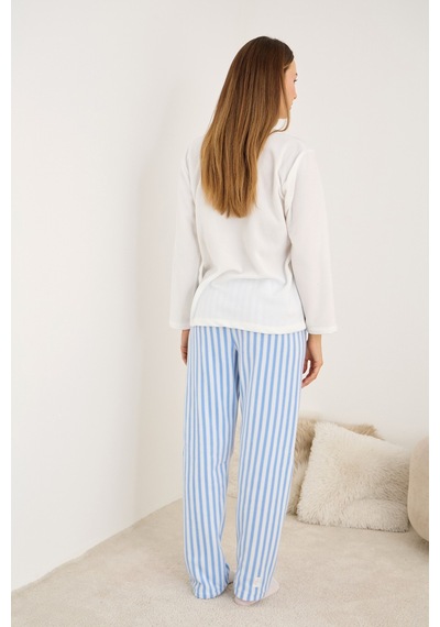 Siyah İnci Polar Kışlık Örme Pijama Takım 25222075 Beyaz - Mavi