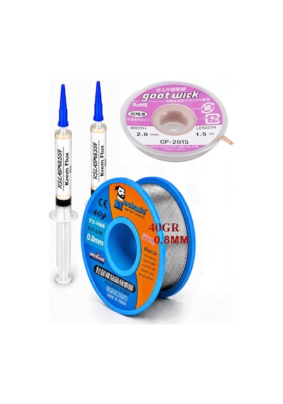 Lehimleme Seti 0,8 Mm 40 G Lehim Teli + 2,0 Mm 1,5 M Lehim Sökme Fitili Ve Krem Flux Seti Tk23