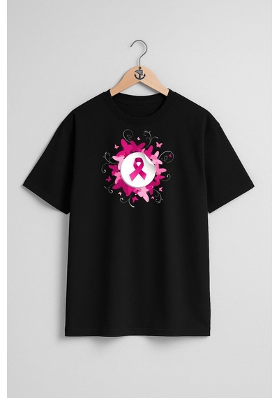 Oversize Dünya Kanser Günü Göğüs Tasarımlı Unisex T-shirt Siyah