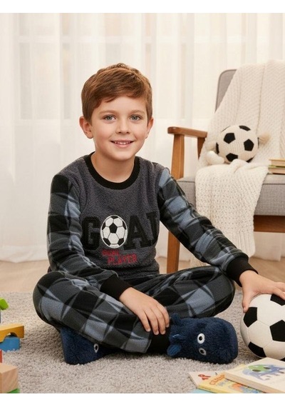 Zekids Erkek Çocuk Goal Baskılı Polar Pijama Takımı-16816 Füme