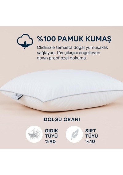 Gold 90 Twin Kaz Tüyü Yastık 3 Bölmeli Tasarım,%90 Gıdık Tüyü + Sırt Tüyü Dolgu, Orta-yumuşak Destek Genel