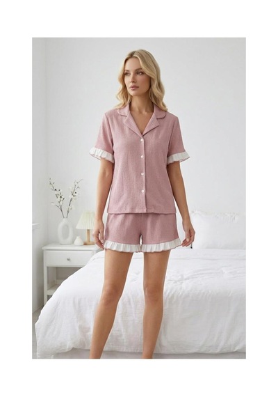 Fit Women Fırfır Detaylı Bürümcük Kumaşlı Düğmeli Kısa Şortlu Pijama Takımı 6021 Pembe