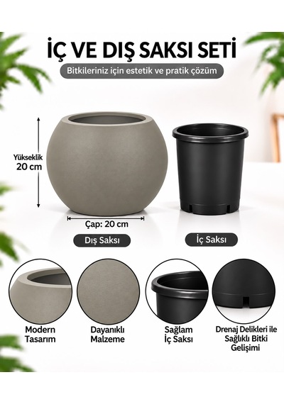 Grej Vizon Dekoratif Saksı Seti İç Ve Dış Saksı, Drenaj Delikli İç Saksılı Modern Yuvarlak Saksı -