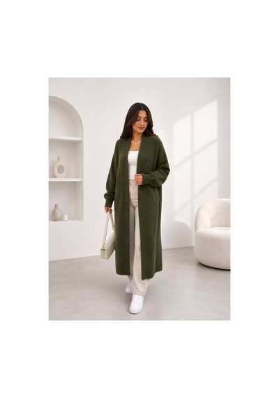 Hira Life Fashion Kadın Şal Yaka Uzun Triko Ve Sakallı Tüylü Hırka Haki Haki