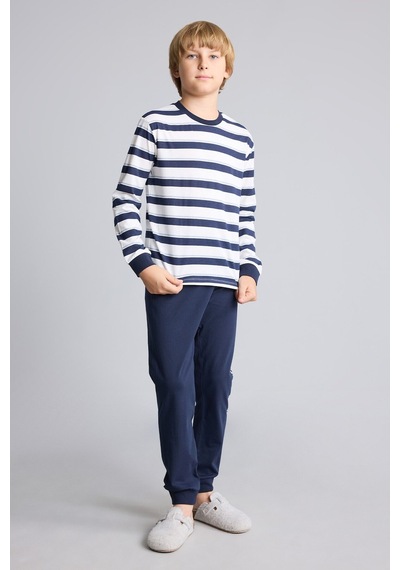 Defacto Çizgili Uzun Kollu Pijama Üstü Esnek Belli Uzun Pijama Altı 2li Pijama Takımı Erkek Çocuk I1188a826aunv135 Lacivert-nv135