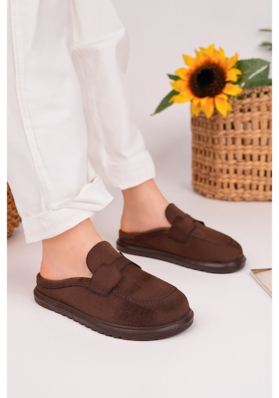Muggo Vintage Süet Deri Günlük Rahat Önü Kapalı Kadın Loafer Terlik Kahverengi