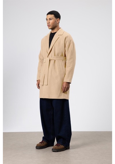Vamos Kemerli Oversize Kaşe Kaban Bej