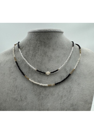 Noir Denge Siyah Beyaz Çift Sıra Boncuklu Kadın Kolye Altın Renk Ara Detaylı Katmanlı Choker Kolye Renkli Noir Denge Siyah Beyaz Çift Sıra Boncuklu Kadın Kolye Altın Renk Ara Detaylı Katmanlı Choker Kolye Renkli
