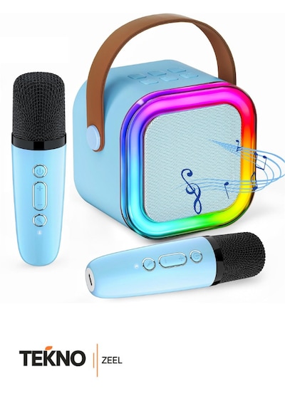 Teknozeel Çift Mikrofonlu Karaoke 5 Ses Efektli Rgb Işıklı Bluetooth Kablosuz Hoparlör Ses Bombası Mavi Renk
