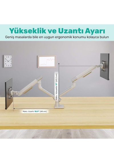 Std49024w Elysium 17-32 Çift Monitör Kolu, Ultra İnce Alüminyum Amortisörlü Stand, 2x9kg Vesa Tutucu, Beyaz
