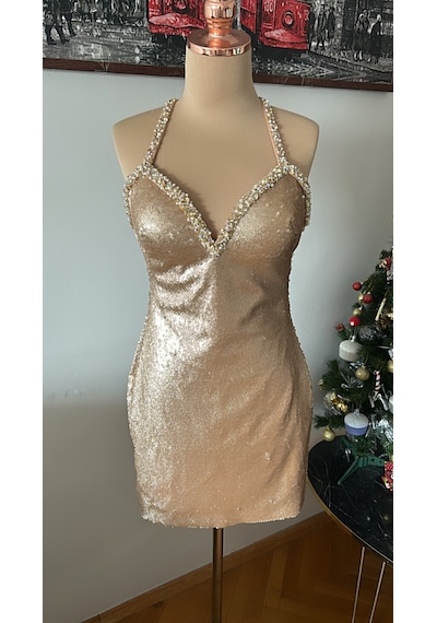 Chica Rosa Fashion Dore Swarowskı İşlemeli Parti Elbisesi Altın