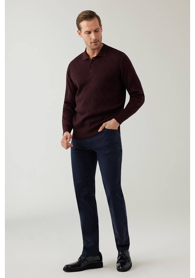 Erkek Koyu Bordo Regular Fit Desenli Yünlü Polo Yaka Triko