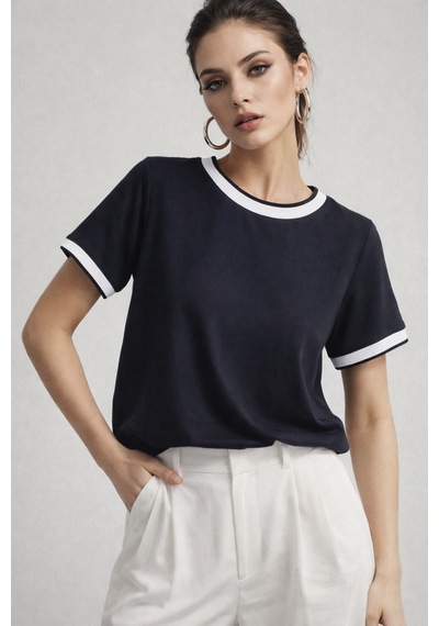 Kadın Lacivert Bisiklet Triko Yaka Kısa Kollu Basic T-shirt Lacivert