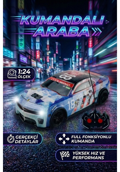 Vardem 1:24 Ölçek Uzaktan Kumandalı Araba Full Fonksiyonlu Yarış Arabası Cool Wind Mavi Beyaz