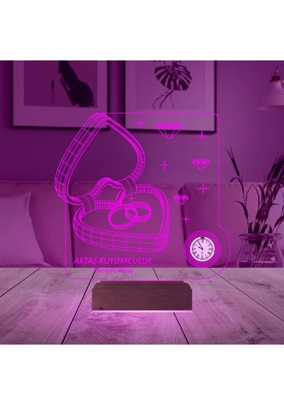 Luvivia Kalp Kuyumcu Alyans Sevgili Hediye Kişiye Özel Metal Saatli 3d Lamba - Masa Gece Lambası Şeffaf