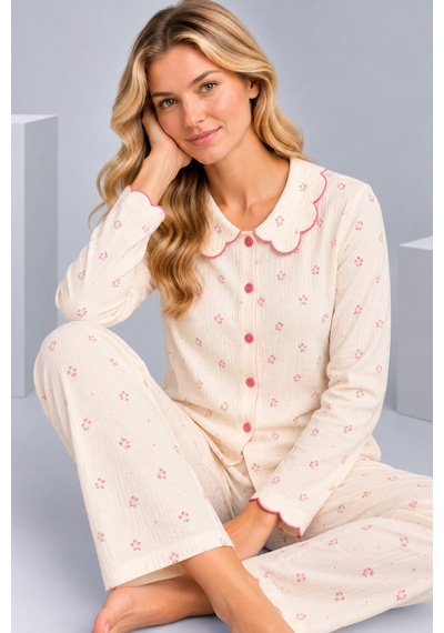 Pijamask Kadın Çiçek Desenli Bebe Yaka Düğmeli Uzun Kollu Müslin Pijama Takımı Ekru