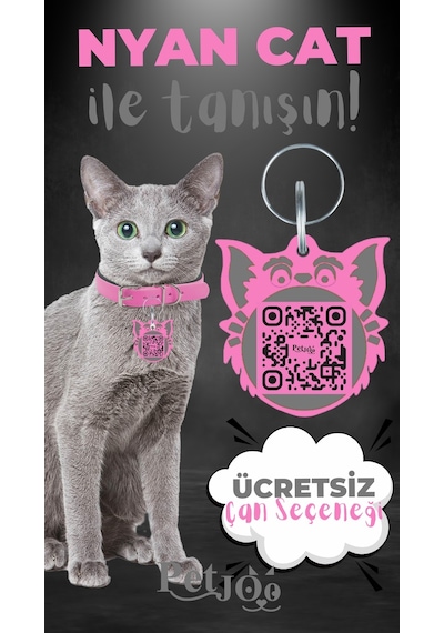 Petjoo 2.Nyan Cat Gri-Pembe Qr'lı Kedi Künyesi