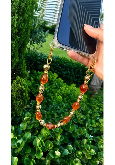 Iconic Amber Altın Telefon Askısı, Boncuklu Telefon Charmı Ve Çanta Aksesuarı