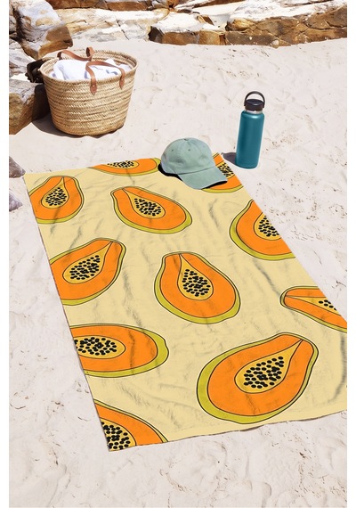 Papaya Meyve Temalı Tropikal Plaj Havlusu - Yaz Stili Krem Turuncu Hızlı Kuruyan Mikrofiber Havlu Çok Renkli
