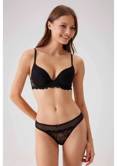Genel Markalar Pc4740 Balenli Soft Push Up Sütyen Külot Takım Siyah - 916413755 Siyah