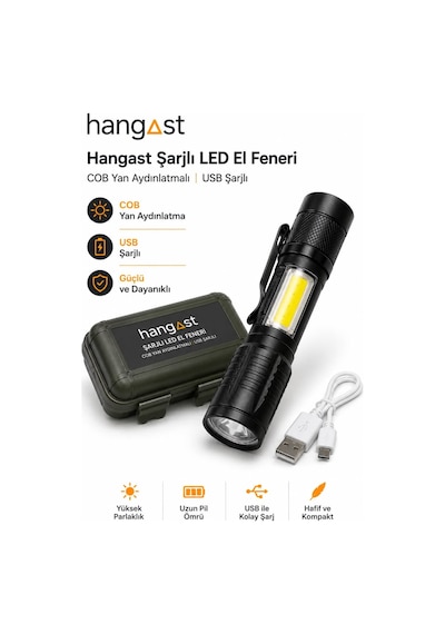 Şarjlı Led El Feneri 2500 Lumens Cob Yan Aydınlatmalı 5w Usb Şarjlı Güçlü Taşınabilir Kamp Av Feneri Siyah