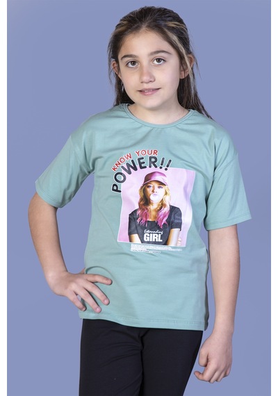 Toontoy Kids Toontoy Kız Çocuk Power Baskılı Tişört Yeşil