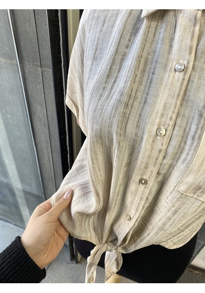 Pera Moda Önden Bağlamalı Keten Görünümlü Viskon Crop Gömlek Taş