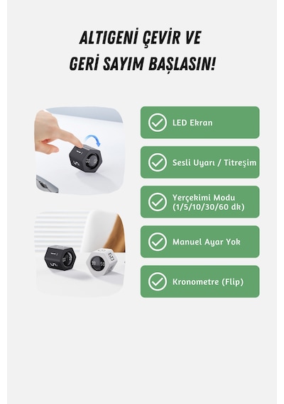 GWORKE Gt-2 Hexagon Zamanlayıcı, Flip Timer, Öğrenci Ders Çalışma Saati, Sınav Kronometresi, Mutfak - Beyaz