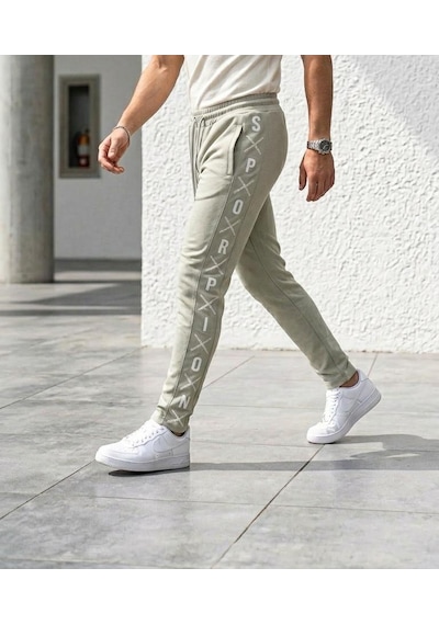 Plus Scorpion Erkek Slim Fit Eşofman Altı Yazılı Şerit Detaylı, Dar Paça Jogger Pantolon Gri