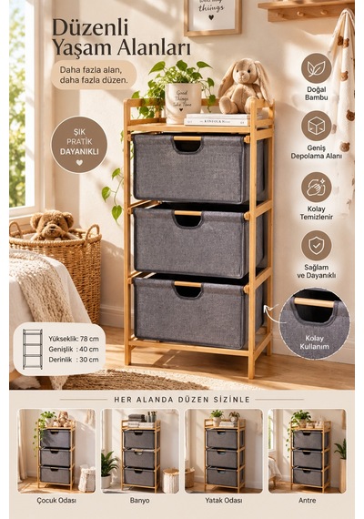 Porsima 2059 3 Katlı Ahşap Çok Amaçlı Çekmeceli Organizer Dolap
