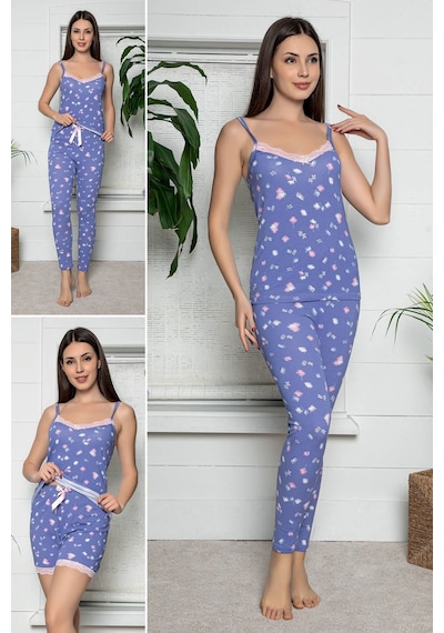 Myben Kadın Mor Renkli Dantel Detaylı Şortlu Ve Taytlı Pijama Takımı 3'lü Set 75029 Mor