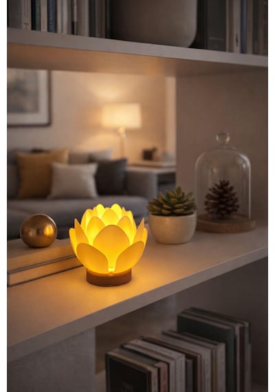 Lotus Çiçeği Tasarımlı Dekoratif Obje Pilli Mum İle Kullanım Ev Dekorasyonu Hediye Alternatifi Kahve Beyaz