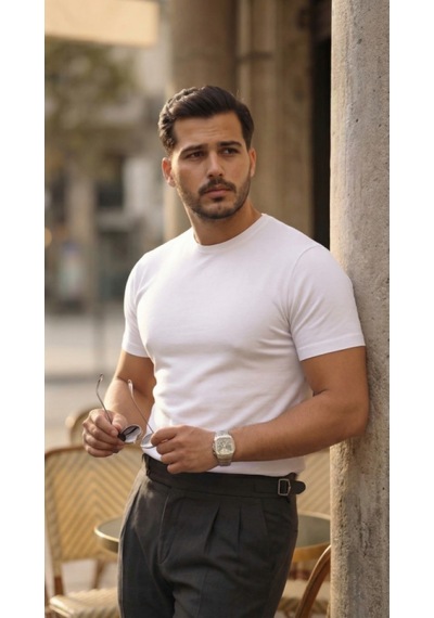 Efnaz Style Erkek Basic Bisiklet Yaka Kısa Kollu Triko Tişört - %100 Pamuk Akrilik Beyaz