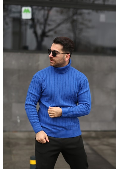Martino Butik Unisex Balıkçı Yaka Triko Saks Mavi Kazak Saks