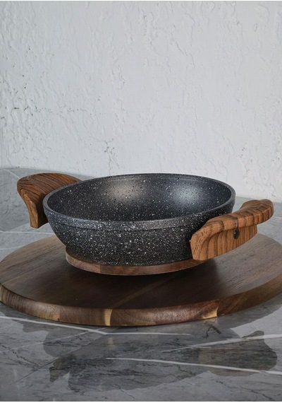 Granit Kaplama Sahan - Alüminyum Döküm, Ahşap Kulplu Sahan -18 Cm Gri