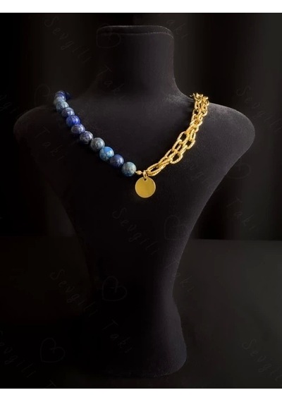 Lapis Lazuli Doğal Taş Kabartma Zincirli Gold Çelik Kolye Altın