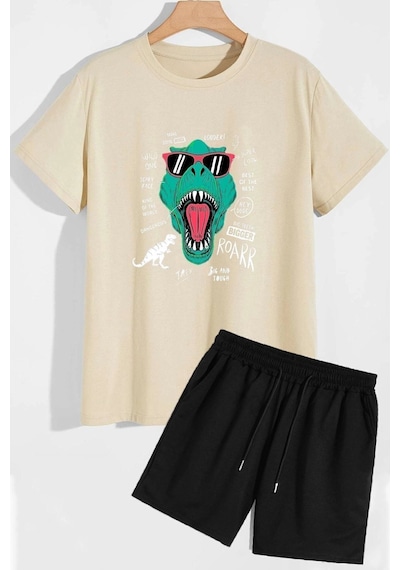 Uyguntarz Dinazor Baskılı Şort T-shirt Eşofman Takımı Bej