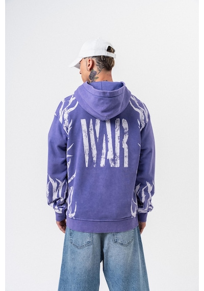 Respire Erkek War Baskılı Yıkamalı Kapüşonlu Oversize Hoodie Mor