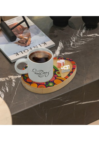 Kişiye Özel Meyveler Tasarımlı Doğal Ahşap Tabaklı Türk Kahvesi F